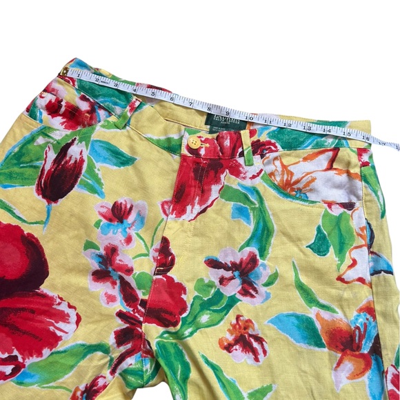 LRL Lauren Ralph Lauren 100% Linen yellow floral cropped pants size 14P‎ - Picture 6 of 7